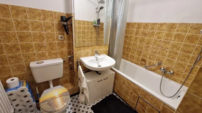 Bad vor der Sanierung: braune Wandfliesen, Badewanne mit Duschvorhang und Stand-WC